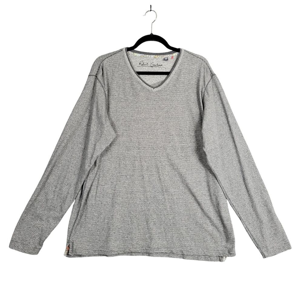ROBERT GRAHAM Mens Gray Striped Cotton Long Sleeve V-Neck Tee SIZE XL